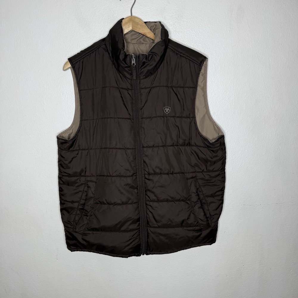Ariat Brown Beige Reversible Puffer Vest Full Zip Outdoor Workwear Men's Large